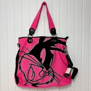 Six Flags Looney Tunes Cotton Playful Pink Cartoon Tote-Crossbody Zipper Bag